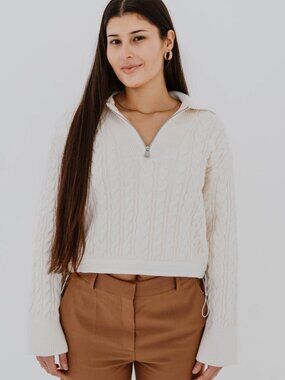 NWT SIMKHAI LOURDES CABLE KNIT QUARTER-ZIP SWEATER IN IVORY WHITE